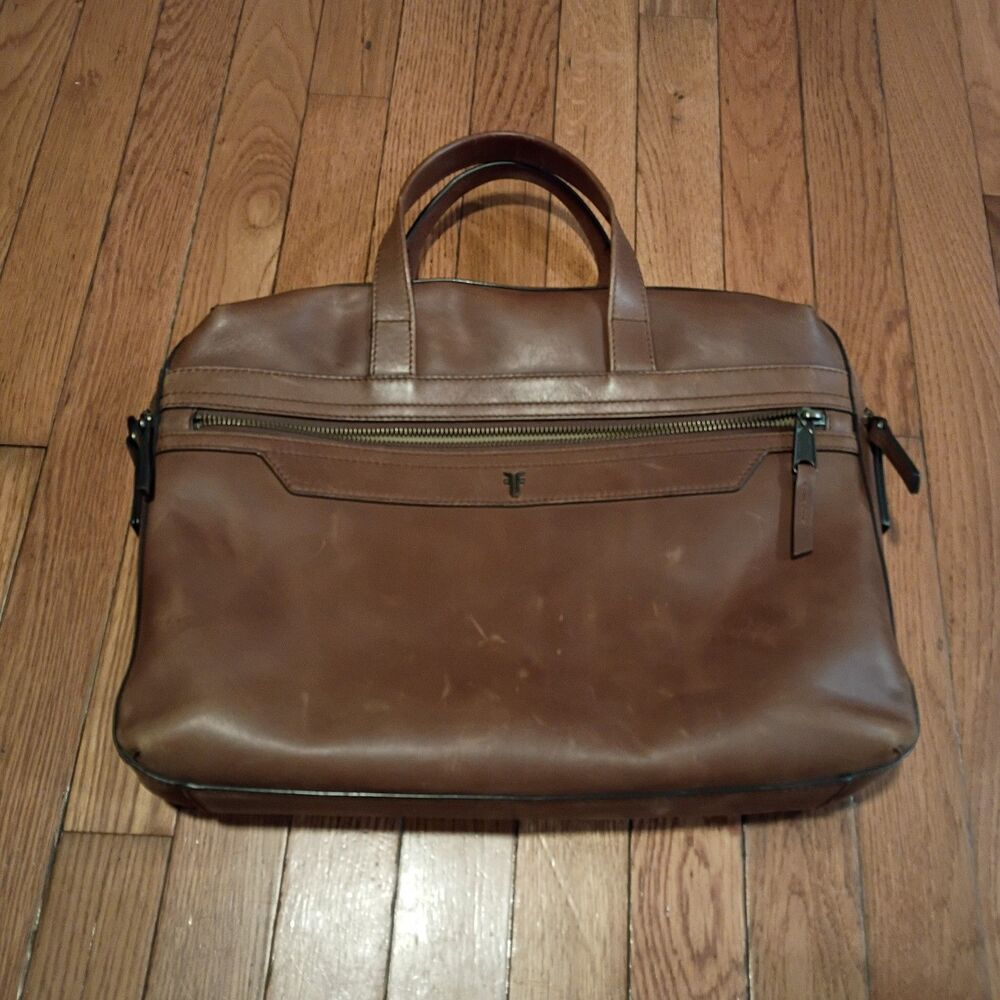 Frye Holden Slim Briefcase Laptop Bag 16" X 12" Burnished Leather Brown EUC